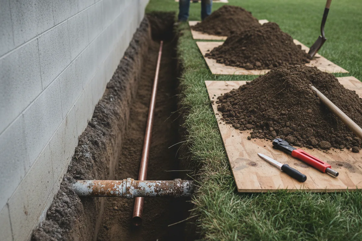 Excavated water line trench during Water Softener Installation in Pleasant City